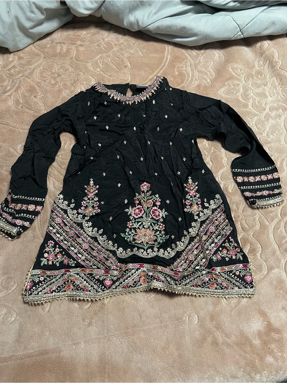 Ethnic Kids Embroidered Black Dress Top with Pink & Gold Accents